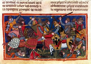 Kampfszene Miniatur aus einem französischen Kodex auf Pergament „Taten der Römer“, der die antike Geschichte bis zu Julius Caesar (101 v. Chr.-44 v. Chr.) erzählt. 13. Jahrhundert Venedig, Biblioteca Marciana