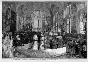 Segnung der Fahne des Reiches im Rüstungssaal des Kremls in Moskau während der Krönung von Kaiser Alexander III. von Russland (1845-1894) und Kaiserin Dagmar von Dänemark (1847-1928) am 27. Mai von Unknown artist