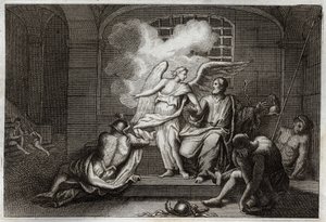 Bibel von Royaumont, Neues Testament: Heiliger Petrus wird aus dem Gefängnis befreit. Heiliger Petrus wird nachts von einem Engel aus dem Gefängnis befreit. Illustration von 1811. von Unknown artist