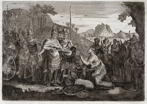 Bibel von Royaumont, Altes Testament: Abigail. Abigail, Nabals Frau, besänftigt Davids Zorn mit ihrer Weisheit. Illustration von 1811.