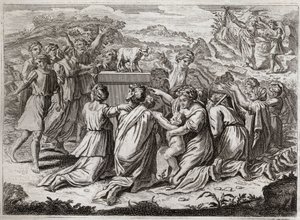 Bibel von Royaumont, Altes Testament: Anbetung des Goldenen Kalbs. Mose sieht die Hebräer und das goldene Kalb und zerbricht die Gesetzestafeln. Illustration von 1811.
