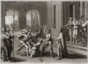 Bibel von Royaumont, Altes Testament: Agag verschont. Saul verschonte, entgegen Gottes Befehl, Agag, den König der Amalekiter. Gott zeigt ihm seinen Zorn durch Samuel, der Sauls Fehler korrigierte, indem er Agag tötete. Illustration von 1811.