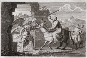 Bibel von Royaumont, Altes Testament: Bileam. Der falsche Prophet Bileam segnet das Volk Gottes, obwohl König Balak ihn geschickt hatte, es zu verfluchen. Sein Esel spricht zu ihm, um sich darüber zu beschweren, dass er ihn schlägt, weil er stehen gebliebe