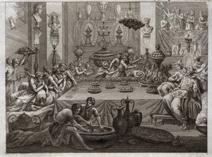 Bibel von Royaumont, Altes Testament: Balthasar verurteilt. König Balthasar (Belshazzar) sieht am Tisch eine Hand, die in drei Worten das Ende seines Urteils schreibt. Illustration von 1811. von Unknown artist