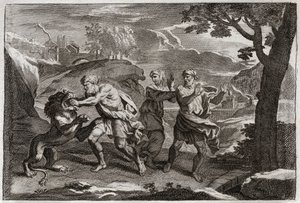 Bibel von Royaumont, Altes Testament: Geburt von Samson. Samson zerreißt einen Löwen in Stücke. Illustration von 1811.