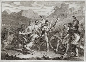 Bibel von Royaumont, Altes Testament: Gotteslästerer gesteinigt. Gott lässt einen Gotteslästerer und einen anderen, der den heiligen Sabbat verletzt hat, indem er einige Halme auf dem Feld sammelte, steinigen. Illustration von 1811. von Unknown artist