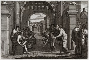 Bibel von Royaumont, Altes Testament: Boas (Booz), naher Verwandter von Ruth, Frau nach der Verordnung des Gesetzes. Illustration von 1811.