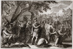 Bibel von Royaumont, Altes Testament: Die Brüder von Joseph. Joseph lässt seine Brüder ins Gefängnis werfen. Illustration von 1811.