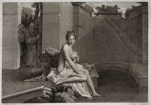 Bibel von Royaumont, Altes Testament: Keuschheit der Susanna. Zwei Älteste, Richter des Volkes, versuchen, die Keuschheit Susannas zu verderben, während sie allein in ihrem Garten badet. Illustration von 1811.