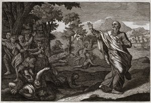 Bibel von Royaumont, Altes Testament: Kinder werden von Bären verschlungen. Kinder, die sich über Elises Kahlheit lustig machen, werden von Bären zerrissen. Illustration von 1811. von Unknown artist