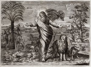 Royaumont-Bibel, Altes Testament: Schöpfung der Welt. Gott erschafft Himmel und Erde aus dem Nichts und schmückt sie in sechs Tagen mit Kreaturen aller Art. Illustration von 1811. von Unknown artist
