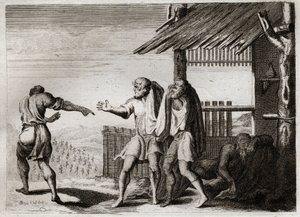 Royaumont-Bibel, Altes Testament: Verfluchung von Cham durch seinen Vater (Noahs Trunkenheit). Cham, der zweite Sohn von Noah, sieht seinen Vater in einer unanständigen Haltung, kümmert sich nicht darum und wird verflucht. Illustration von 1811.