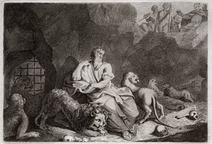 Bibel von Royaumont, Altes Testament: Daniel in der Löwengrube. Daniel wird in die Löwengrube geworfen und überlebt auf wundersame Weise. Illustration von 1811. von Unknown artist