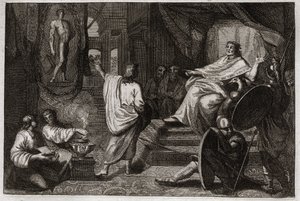 Bibel von Royaumont, Altes Testament: Prophet Daniel. Prophet Daniel offenbart König Nebukadnezar II. einen Traum, den dieser hatte, und erklärt ihm dessen Bedeutung. Illustration von 1811.