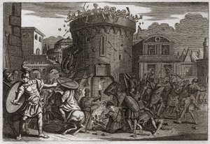 Bibel von Royaumont, Altes Testament: Tod von Abimelech. Abimelech wird von einer Frau getötet, die ihn mit einem Stein erschlägt. Illustration von 1811. von Unknown artist