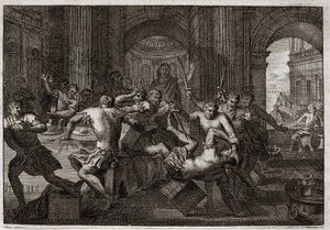 Bibel von Royaumont, Altes Testament: Tod von Amnon. Absalom (oder Avshalom, Absalon) versöhnt sich mit David und zwingt seinen Bruder Amnon (Ammon) bei einem Fest zur Flucht. David ist gezwungen, aus Jerusalem zu fliehen, und erträgt diese Verfolgung mit 