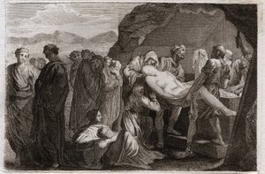 Royaumont-Bibel, Altes Testament: Tod von Sara. Sara (Sarah) stirbt. Abraham kauft ein Grab in der Stadt Geth, um sie zu begraben. Illustration von 1811. von Unknown artist