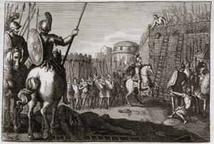Bibel von Royaumont, Altes Testament: Tod von Seba. Und Seba (Scheba) erhob sich gegen David und nahm die zehn Stämme mit sich, und Joab verfolgte ihn in Abela, wo sein Kopf auf Rat einer Frau abgeschlagen wurde. Illustration von 1811.