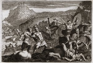 Royaumont-Bibel, Altes Testament: Niederlage von Amalek. Moses erlangte den Sieg über die Amalekiter, indem er seine Hände zum Himmel erhob. Illustration von 1811.