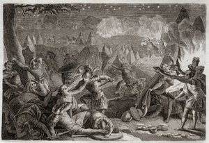 Bibel von Royaumont, Altes Testament: Niederlage der Midianiter durch den Klang der Trompeten und das Licht der Lampen. Illustration von 1811. von Unknown artist