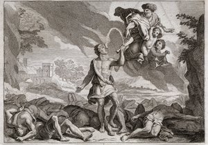 Bibel von Royaumont, Altes Testament: Die Niederlage der Philister. Samson tötet tausend Philister mit einem Eselskinnbacken. Gott lässt Wasser aus dem Kinnbacken fließen, damit Samson seinen Durst stillen kann. Illustration von 1811. von Unknown artist
