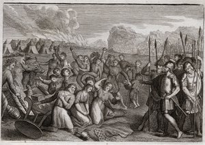 Royaumont-Bibel, Altes Testament: Zerstörung von Ai. Josua greift nach der Zerstörung von Jericho die Stadt Ai an, wo er zunächst wegen des Verbrechens von Akan zurückgeschlagen wird, aber nach der Bestrafung von Akan nimmt er die Stadt ein. Illustration v