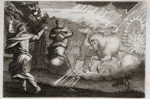 Bibel von Royaumont, Altes Testament: Elia wird in den Himmel entrückt. Elia wird in einem Feuerwagen in den Himmel entrückt, in Anwesenheit seines Jüngers. Elisa erhält von ihm seinen doppelten Geist: er teilt das Wasser des Jordan mit Elias Mantel. Illus von Unknown artist