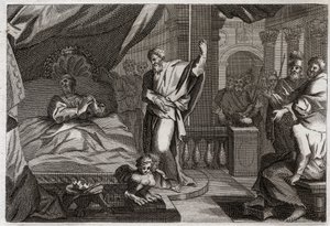 Bibel von Royaumont, Altes Testament: Ezechias erhält Gesundheit. König Ezechias war todkrank, erhielt Gesundheit und weitere fünfzehn Jahre Leben. Der Prophet Jesaja kündigt seinen Krieg an: das Zeichen wird sein, den Schatten der Uhr um zehn Grad zurückz