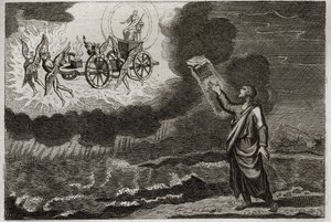 Bibel von Royaumont, Altes Testament: Ezechiel der Prophet. Der heilige Prophet hatte eine Vision, in der der Herr ihm auf einem Wagen erschien, getragen von vier Cherubinen (Tetramorph). Illustration von 1811.