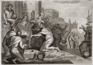 Bibel von Royaumont, Altes Testament: Fall Salomos. Salomo wird von Frauen verführt und opfert den Götzen der falschen Götter Weihrauch. Sein Tod. Illustration von 1811. von Unknown artist