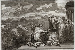 Bibel von Royaumont, Altes Testament: Pestgeißel. Und David, der aus Eitelkeit eine Volkszählung seines Volkes durchführte, wird von Gott mit einer Pest bestraft, die in drei Tagen siebzigtausend Menschen tötet. Illustration von 1811. von Unknown artist