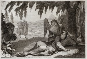 Royaumont-Bibel, Altes Testament: Flucht des Elia. Elia flieht vor dem Zorn Isebels, die sich für den Tod ihrer falschen Propheten rächen wollte, und wird in der Wüste von einem Engel unterstützt, der ihm Nahrung bringt. Illustration von 1811. von Unknown artist