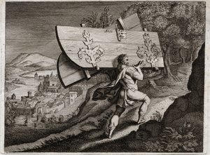 Bibel von Royaumont, Altes Testament: Tore von Gaza. Samson, eingesperrt in Gaza, reißt die Stadttore heraus. Illustration von 1811.