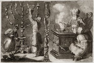 Royaumont-Bibel, Altes Testament: Goldener Leuchter mit sieben Armen (Menora) im Tabernakel. Illustration von 1811.