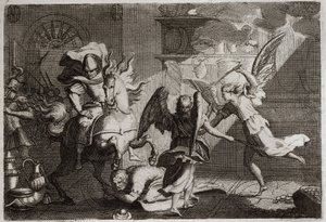 Bibel von Royaumont, Altes Testament: Heliodor wird aus dem Tempel vertrieben. Heliodor (Heliodoros), der von seinem Herrscher geschickt wurde, um den Tempel von Jerusalem zu plündern, wurde von Engeln mit Ruten geschlagen. Illustration von 1811. von Unknown artist