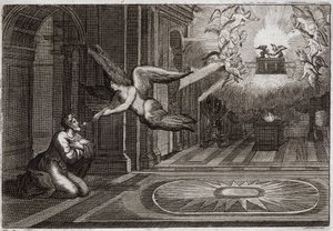 Bibel von Royaumont, Altes Testament: Jesaja der Prophet. Ein Seraphin nahm mit seiner Zange eine glühende Kohle vom Altar und berührte die Lippen dieses heiligen Propheten, um ihn von allen seinen Flecken zu reinigen. Illustration von 1811. von Unknown artist
