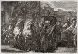Royaumont-Bibel, Altes Testament: Jezabel wird von Hunden gefressen. Jehu lässt Jezabel aus einem Fenster werfen, und sie wird von Hunden gefressen. Illustration von 1811.