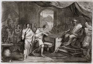Bibel von Royaumont, Altes Testament: Joachim befreit aus den Ketten. Evilmerodach, König von Babylon, behandelt Joachim, den ehemaligen König von Juda, nach dem Tod von Nebukadnezar II. gut und befreit ihn aus den Ketten. Illustration von 1811.