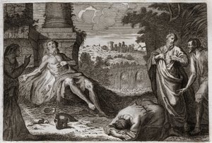 Bibel von Royaumont, Altes Testament: Hiob auf dem Misthaufen. Der heilige Mann Hiob wird vom Dämon versucht, der ihm all sein Gut und alle seine Kinder nimmt, ihn mit einer schrecklichen Wunde schlägt und ihm nur seine Frau lässt, die ihn ungeduldig trägt von Unknown artist