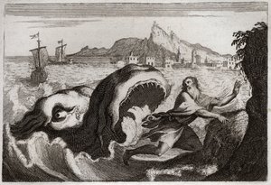 Royaumont-Bibel, Altes Testament: Jona im Wal. Der Prophet Jona lebt in einem Wal und kommt lebend heraus. Illustration von 1811. von Unknown artist