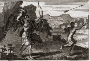 Bibel von Royaumont, Altes Testament: Jonathan und David. Und als Jonathan die Bitterkeit seines Vaters sah, warnte er David, sich zurückzuziehen. Illustration von 1811. von Unknown artist
