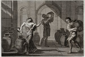 Bibel von Royaumont, Altes Testament: Wunder von Elise. Eine von ihren Gläubigern gequälte Witwe nutzt Elises Wohltätigkeit, dieser Prophet befiehlt ihr, viele Gefäße von ihren Nachbarn zu leihen, die sie mit Öl füllt, das sie noch übrig hatte. Illustratio