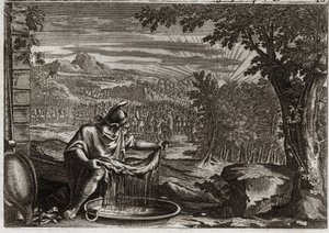 Bibel von Royaumont, Altes Testament: Das Wunder des Vlieses. Gedeon (Gideon) erhielt von Gott das Wunder des Vlieses als Beweis, dass er ihn auserwählt hatte und dass er ihn zum Befreier seines Volkes machen würde. Illustration von 1811. von Unknown artist