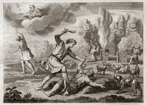 Royaumont-Bibel, Altes Testament: Mord an Abel. Kain trägt seinen Bruder aus Neid gegen Abel hinaus aufs Land, als ob er spazieren gehen wollte, und tötet ihn. Illustration von 1811. von Unknown artist