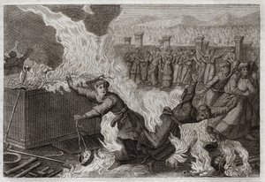 Bibel von Royaumont, Altes Testament: Nadab und Abiu. Nadab (Nadav) und Abiu (Abihou), die Söhne Aarons, die ein fremdes Feuer in ihren Räucherwerken entzündeten, um Gott Weihrauch darzubringen, wurden im Tabernakel selbst verbrannt. Illustration von 1811. von Unknown artist