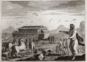 Bibel von Royaumont, Altes Testament: Arche Noah. Gott, verärgert über die Vergehen der Menschen, beschließt, alle mit einer Sintflut zu bestrafen; und um Noe, der gerecht war, zu retten, befiehlt er ihm, die Arche zu bauen. Illustration von 1811.