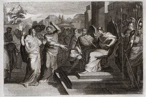 Royaumont-Bibel, Altes Testament: Frömmigkeit von Josaphat. Josaphat, der frommste König von Juda, lässt alle Fürsten um ihn herum erzittern und zeigt auf verschiedene Weise seine Frömmigkeit gegenüber Gott, was ihn siegreich über seine Feinde machte. Illu