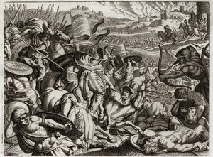 Bibel von Royaumont, Altes Testament: Bestrafung der Benjamiten. Der Stamm Benjamin wird ausgerottet. Illustration von 1811. von Unknown artist