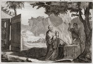 Bibel von Royaumont, Altes Testament: Opfer von Gedeon. Gedeon (Gideon) wird von Gott berufen, die Juden von ihren Feinden zu befreien. Er bringt ein Opfer auf einem Stein dar, aus dem ein Feuer hervorgeht, das es verzehrt. Illustration von 1811. von Unknown artist