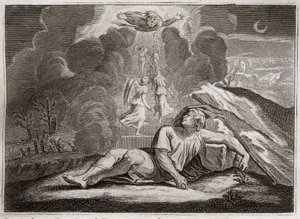 Bibel von Royaumont, Altes Testament: Die Himmelsleiter Jakobs. Jakob, der vor Esaus Zorn flieht, sieht im Schlaf eine geheimnisvolle Leiter. Illustration von 1811. von Unknown artist